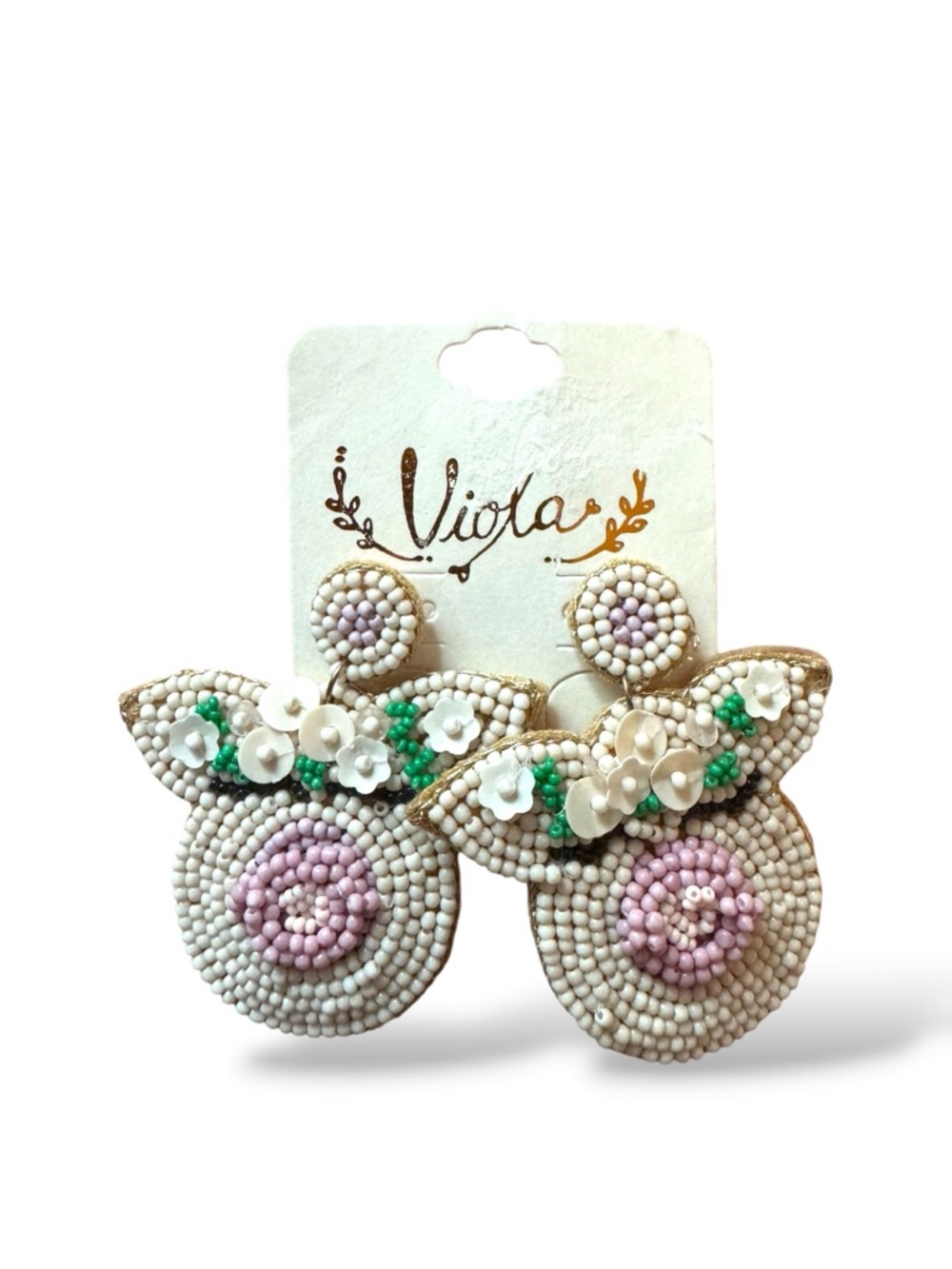 Viola Seed Bead Piggy Earrings w Flower Crown - Picture 5 of 5